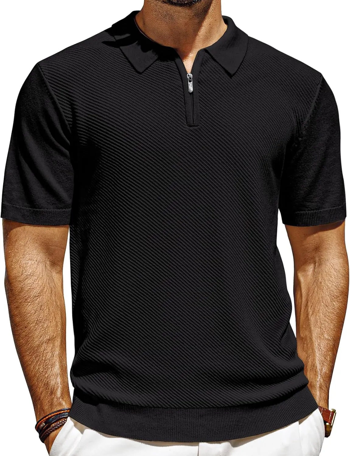PJ PAUL JONES Men's Polo Shirts Quarter Zip Textured Knit Shirts Summer Shirt