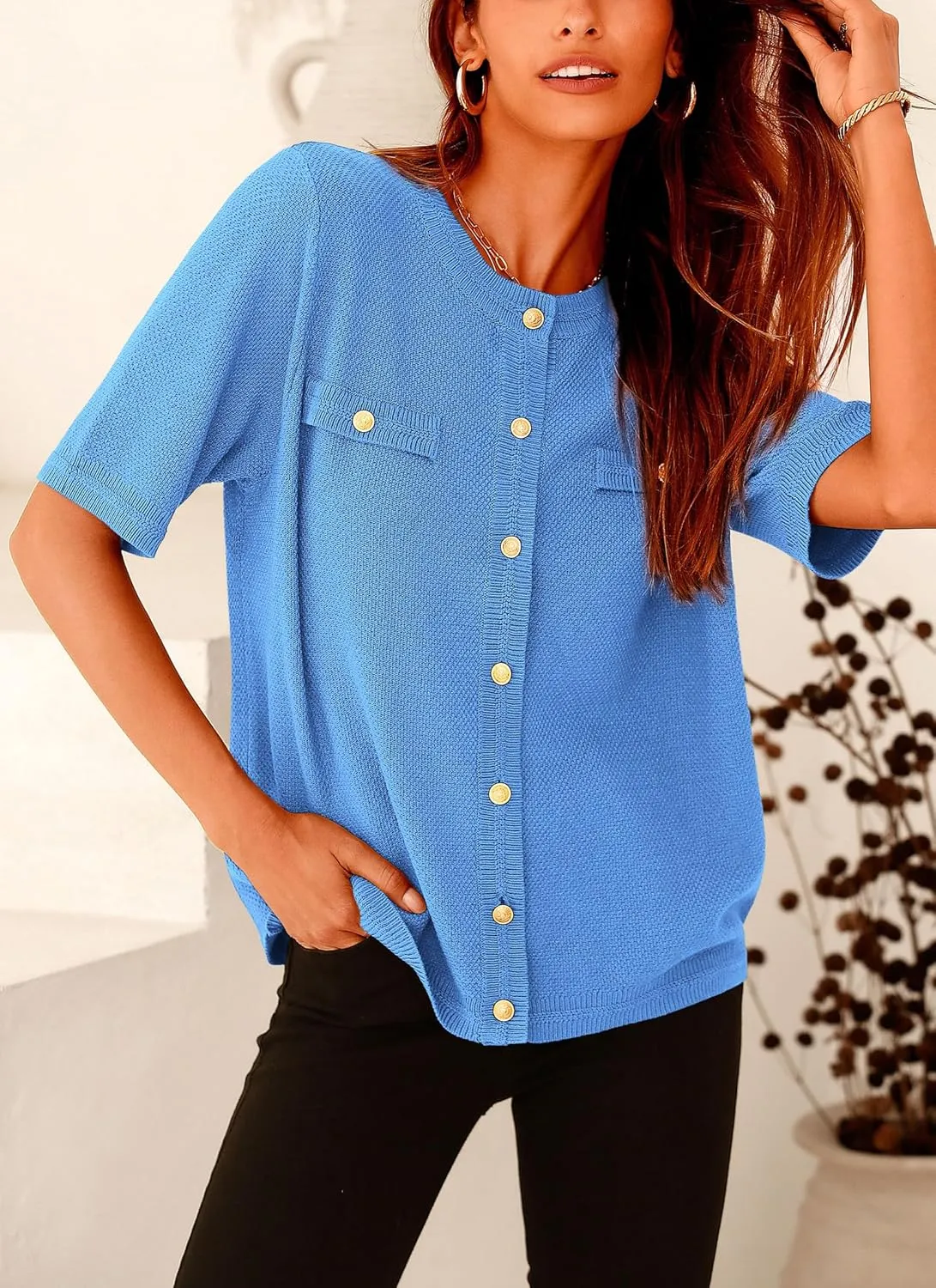 PRETTYGARDEN Women's Summer Button Down Shirts Casual Short Sleeve Crew Neck Ribbed Knit Blouse Top Cardigans