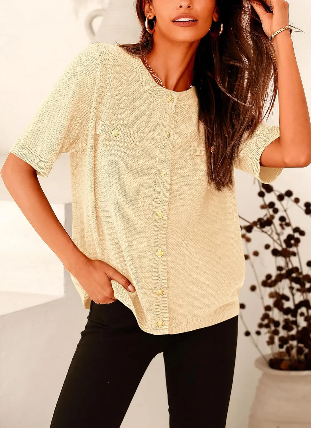 PRETTYGARDEN Women's Summer Button Down Shirts Casual Short Sleeve Crew Neck Ribbed Knit Blouse Top Cardigans