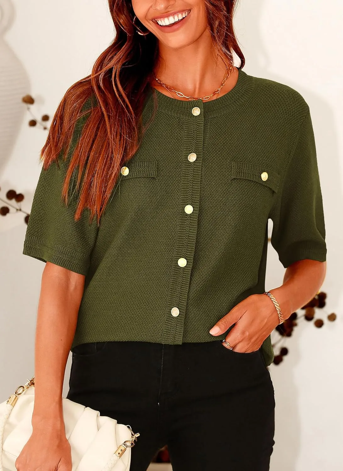 PRETTYGARDEN Women's Summer Button Down Shirts Casual Short Sleeve Crew Neck Ribbed Knit Blouse Top Cardigans