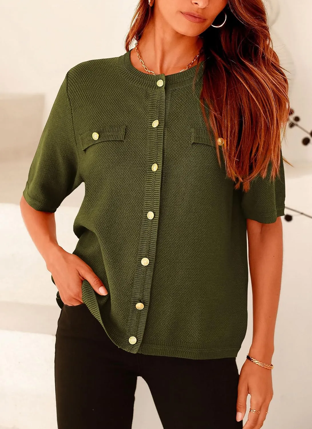 PRETTYGARDEN Women's Summer Button Down Shirts Casual Short Sleeve Crew Neck Ribbed Knit Blouse Top Cardigans