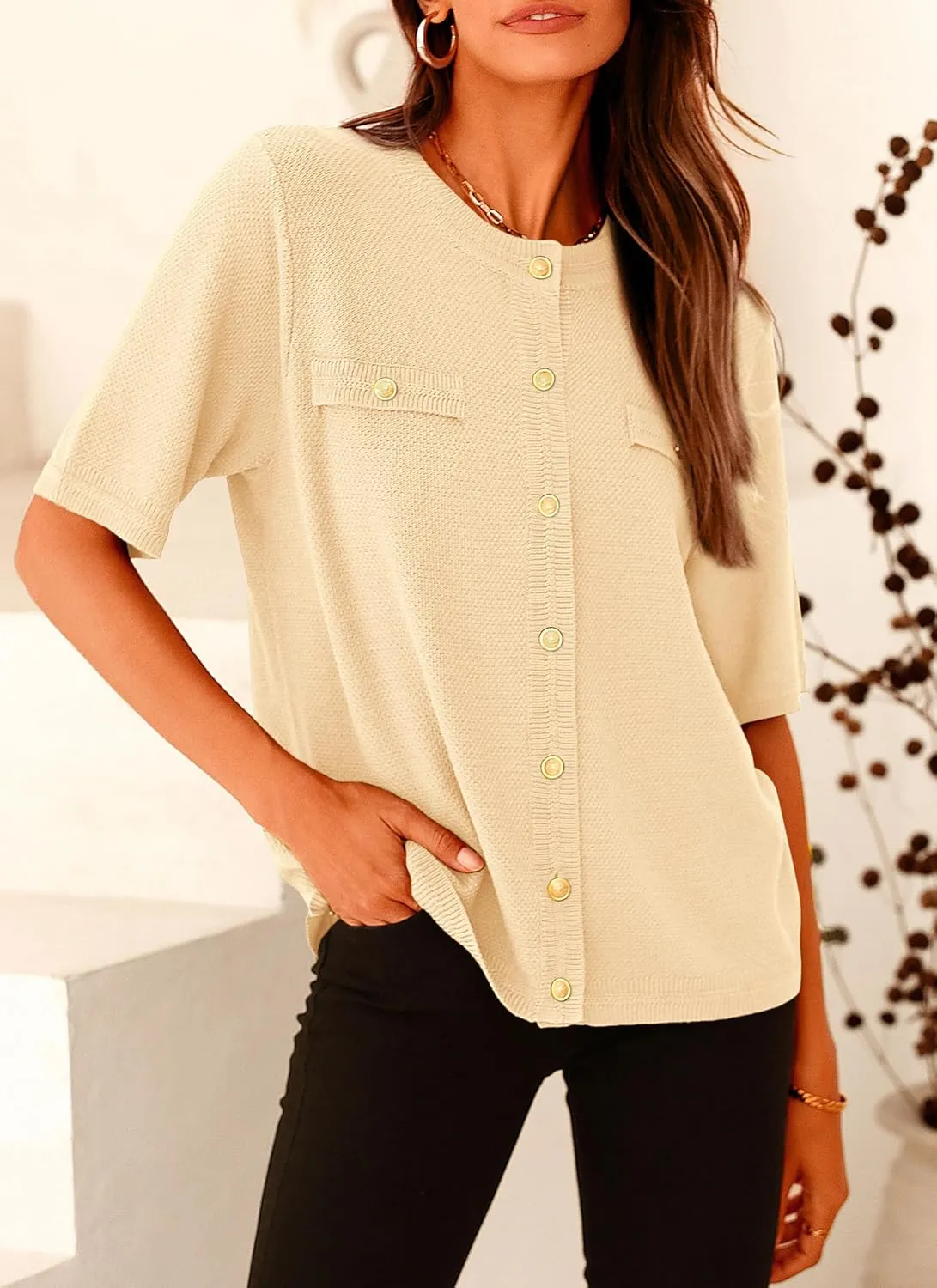PRETTYGARDEN Women's Summer Button Down Shirts Casual Short Sleeve Crew Neck Ribbed Knit Blouse Top Cardigans