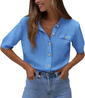 PRETTYGARDEN Women's Summer Button Down Shirts Casual Short Sleeve Crew Neck Ribbed Knit Blouse Top Cardigans