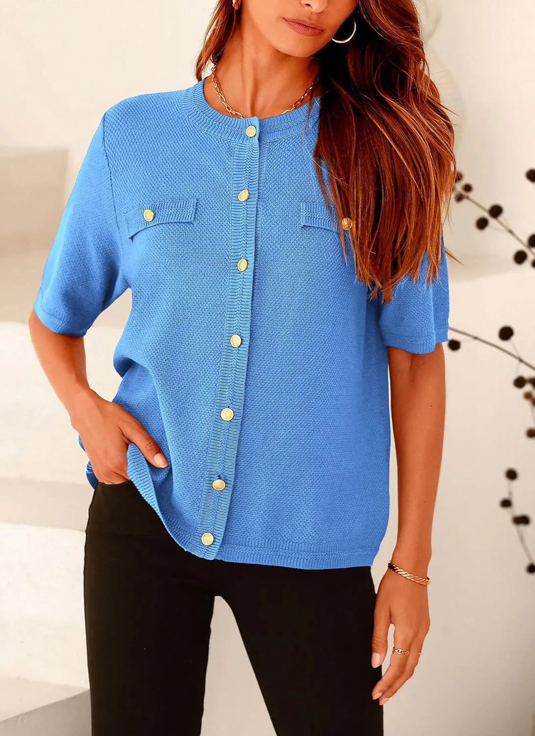 PRETTYGARDEN Women's Summer Button Down Shirts Casual Short Sleeve Crew Neck Ribbed Knit Blouse Top Cardigans