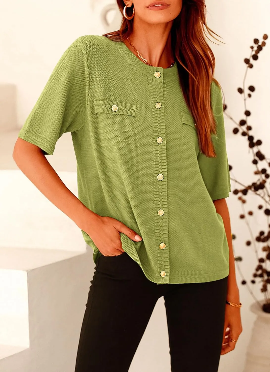 PRETTYGARDEN Women's Summer Button Down Shirts Casual Short Sleeve Crew Neck Ribbed Knit Blouse Top Cardigans