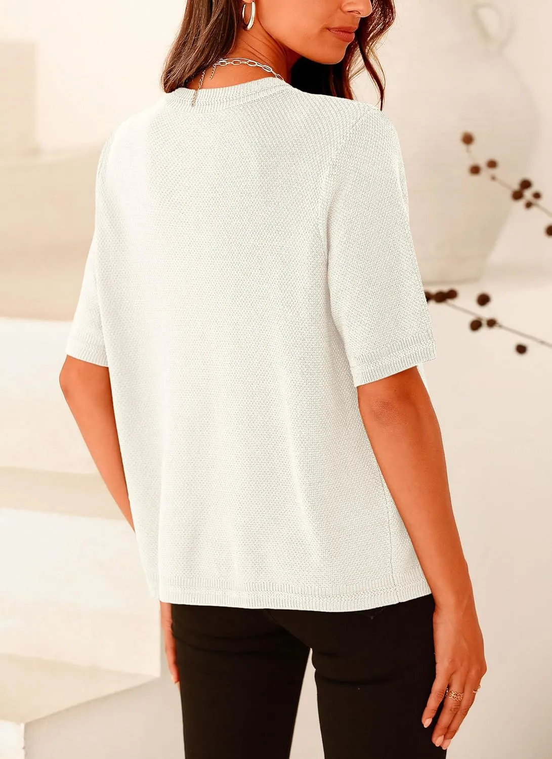 PRETTYGARDEN Women's Summer Button Down Shirts Casual Short Sleeve Crew Neck Ribbed Knit Blouse Top Cardigans