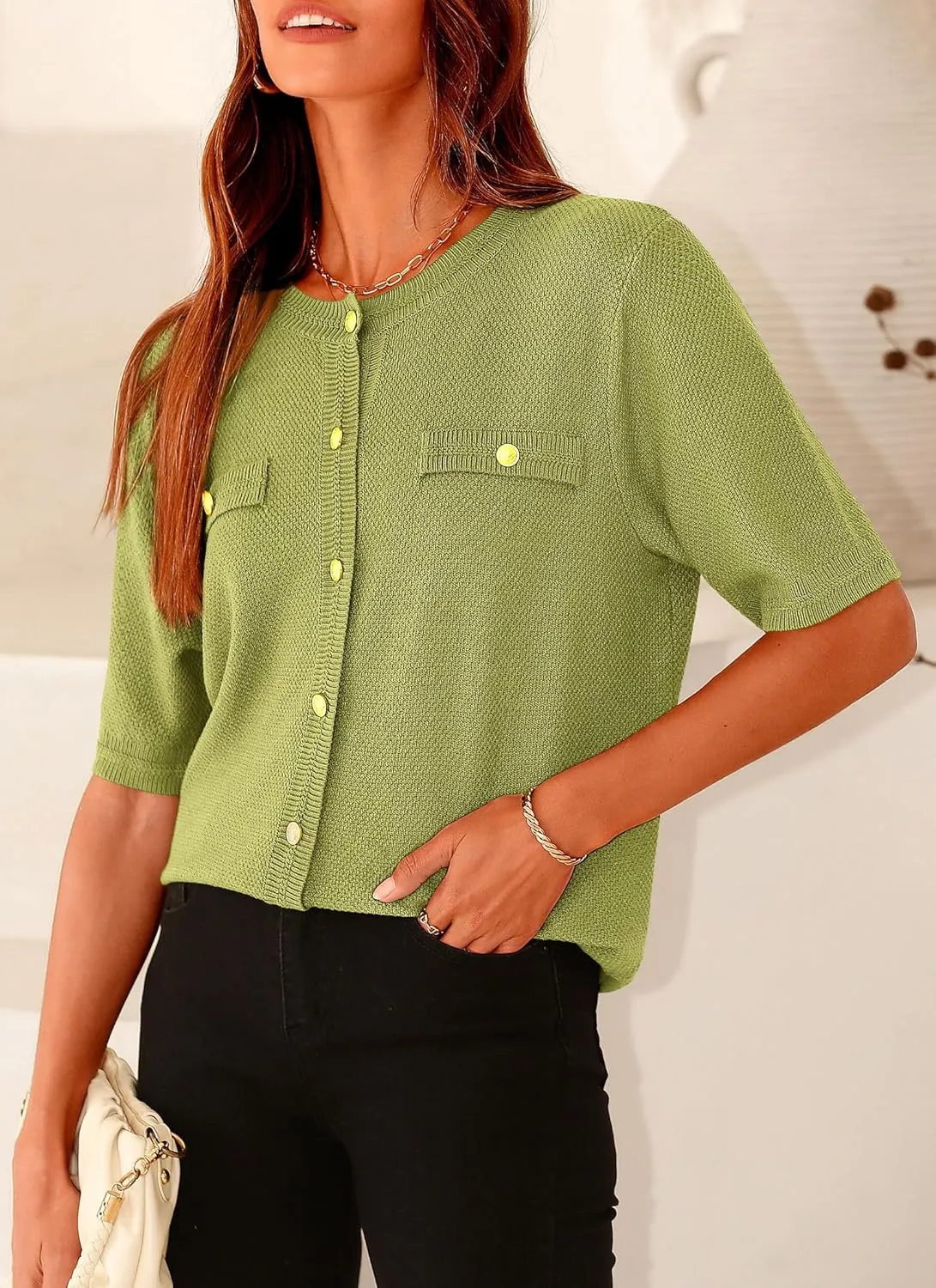 PRETTYGARDEN Women's Summer Button Down Shirts Casual Short Sleeve Crew Neck Ribbed Knit Blouse Top Cardigans