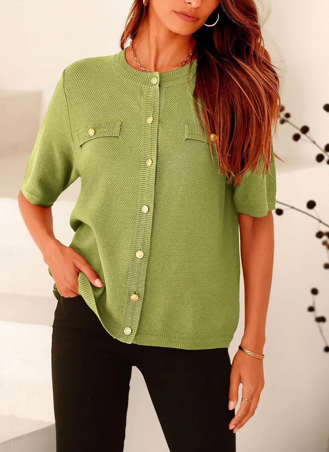 PRETTYGARDEN Women's Summer Button Down Shirts Casual Short Sleeve Crew Neck Ribbed Knit Blouse Top Cardigans