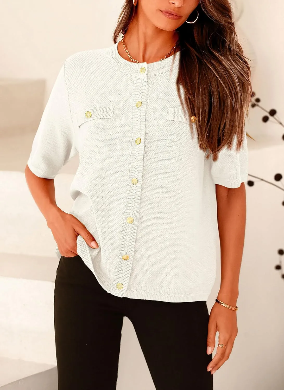 PRETTYGARDEN Women's Summer Button Down Shirts Casual Short Sleeve Crew Neck Ribbed Knit Blouse Top Cardigans