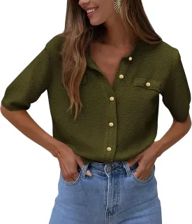 PRETTYGARDEN Women's Summer Button Down Shirts Casual Short Sleeve Crew Neck Ribbed Knit Blouse Top Cardigans