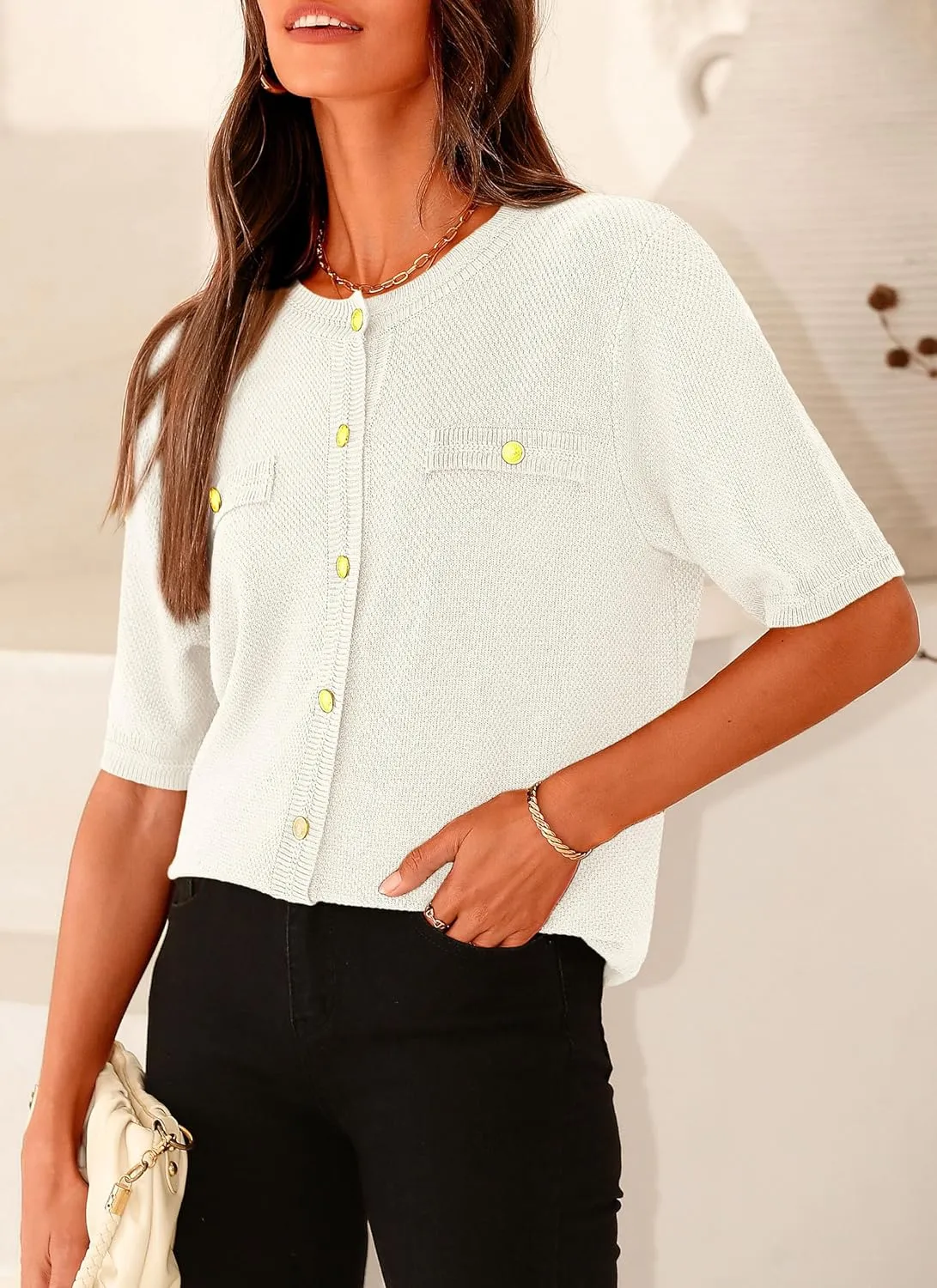 PRETTYGARDEN Women's Summer Button Down Shirts Casual Short Sleeve Crew Neck Ribbed Knit Blouse Top Cardigans