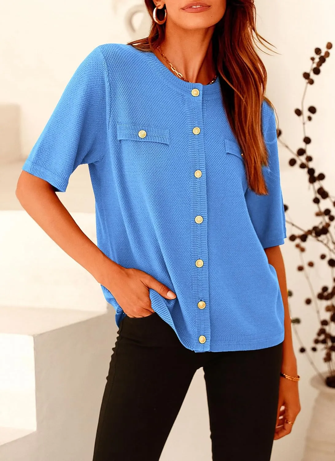 PRETTYGARDEN Women's Summer Button Down Shirts Casual Short Sleeve Crew Neck Ribbed Knit Blouse Top Cardigans