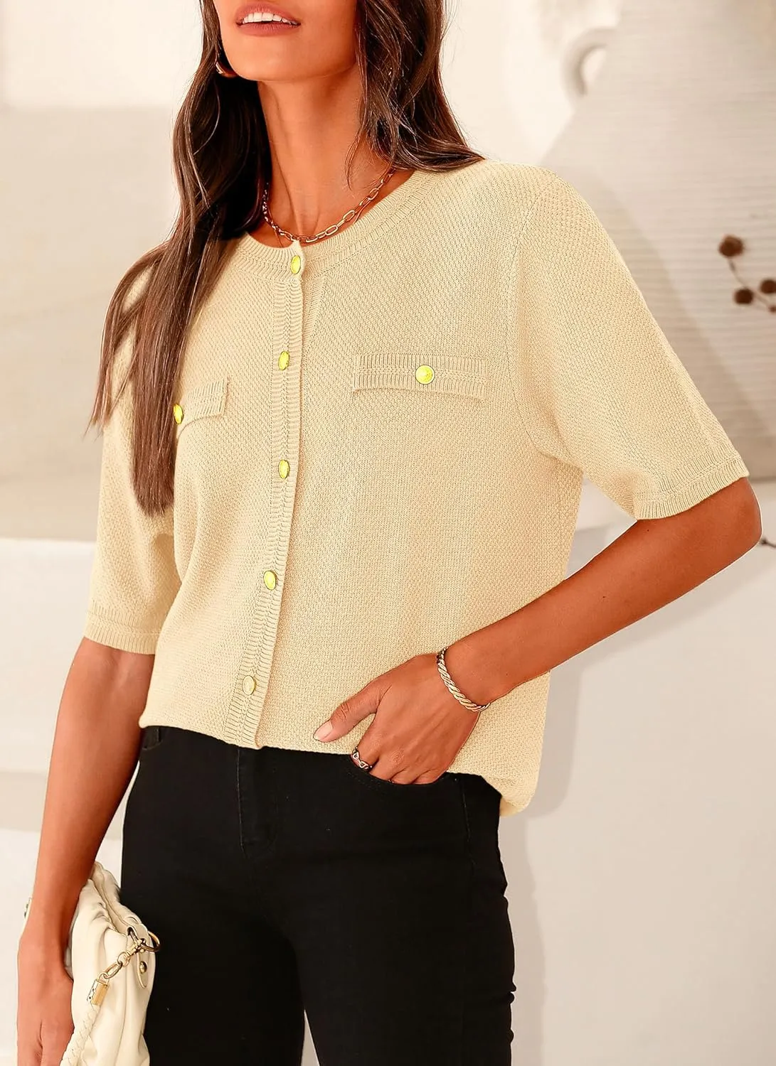 PRETTYGARDEN Women's Summer Button Down Shirts Casual Short Sleeve Crew Neck Ribbed Knit Blouse Top Cardigans