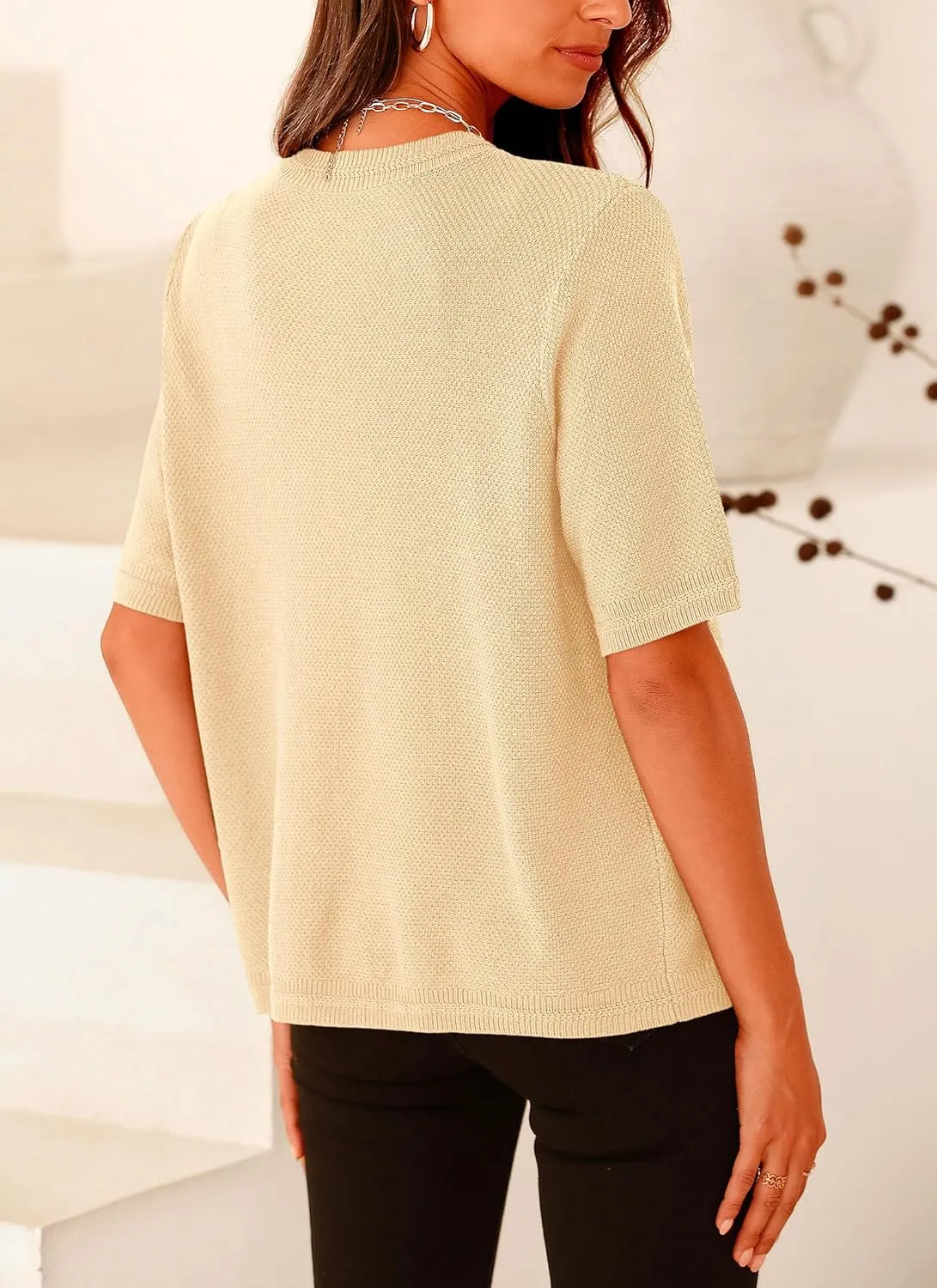 PRETTYGARDEN Women's Summer Button Down Shirts Casual Short Sleeve Crew Neck Ribbed Knit Blouse Top Cardigans