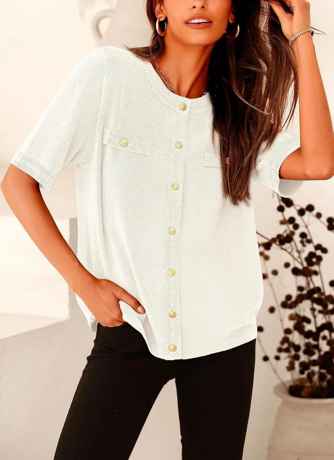 PRETTYGARDEN Women's Summer Button Down Shirts Casual Short Sleeve Crew Neck Ribbed Knit Blouse Top Cardigans