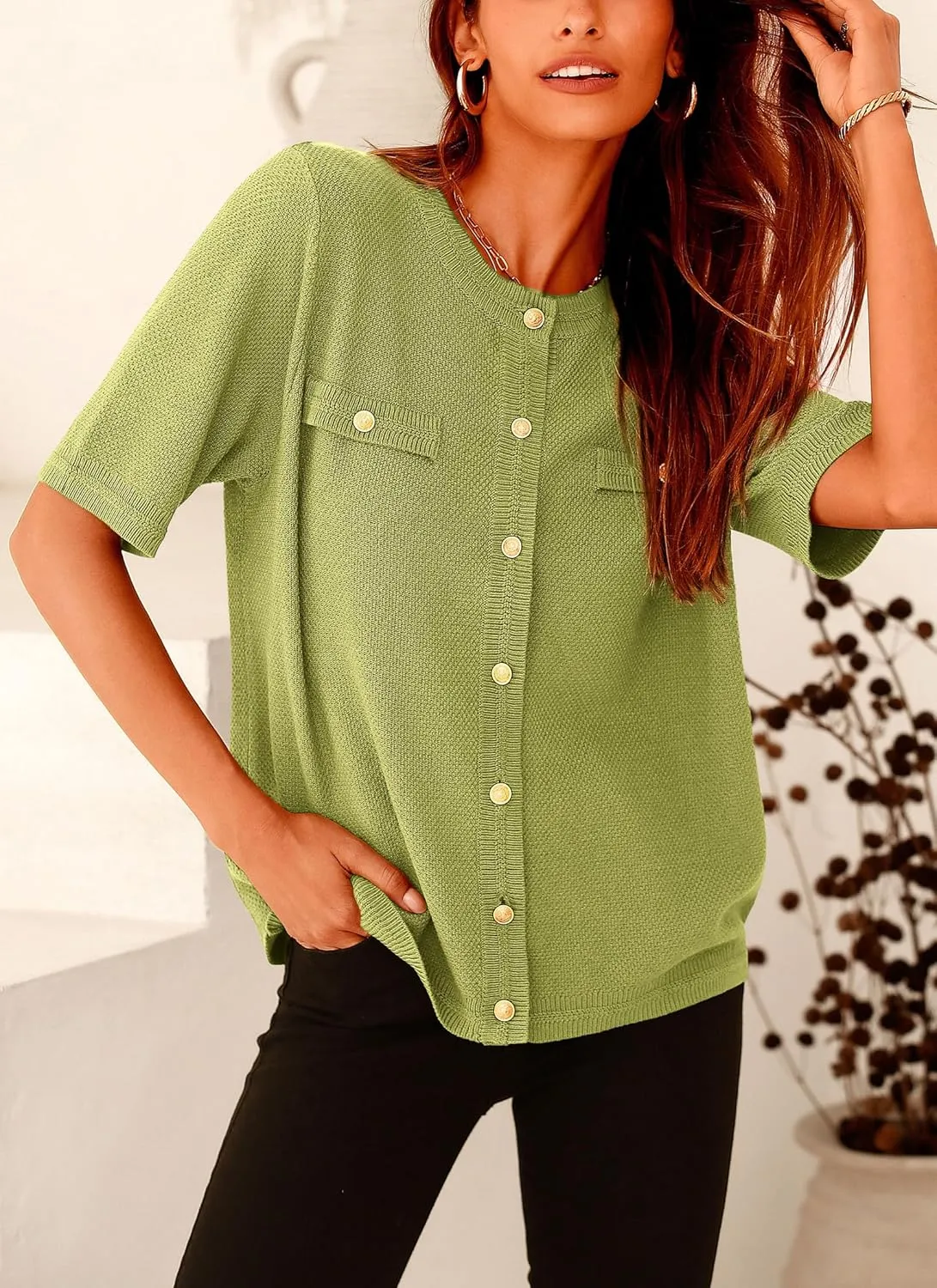 PRETTYGARDEN Women's Summer Button Down Shirts Casual Short Sleeve Crew Neck Ribbed Knit Blouse Top Cardigans