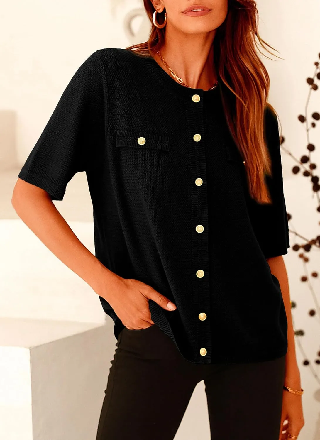 PRETTYGARDEN Women's Summer Button Down Shirts Casual Short Sleeve Crew Neck Ribbed Knit Blouse Top Cardigans