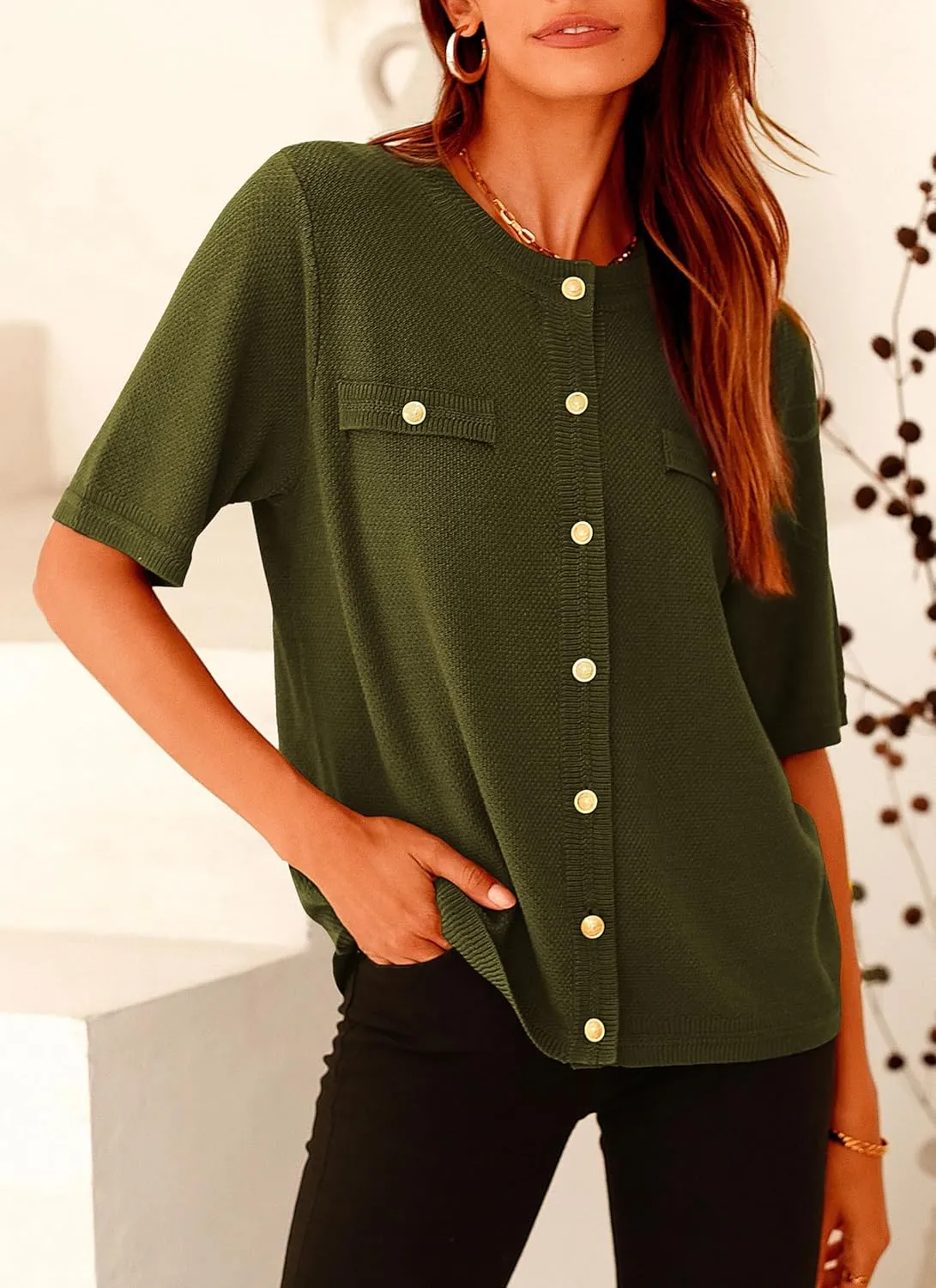 PRETTYGARDEN Women's Summer Button Down Shirts Casual Short Sleeve Crew Neck Ribbed Knit Blouse Top Cardigans