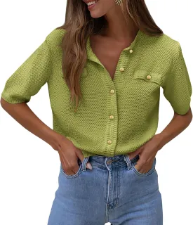 PRETTYGARDEN Women's Summer Button Down Shirts Casual Short Sleeve Crew Neck Ribbed Knit Blouse Top Cardigans