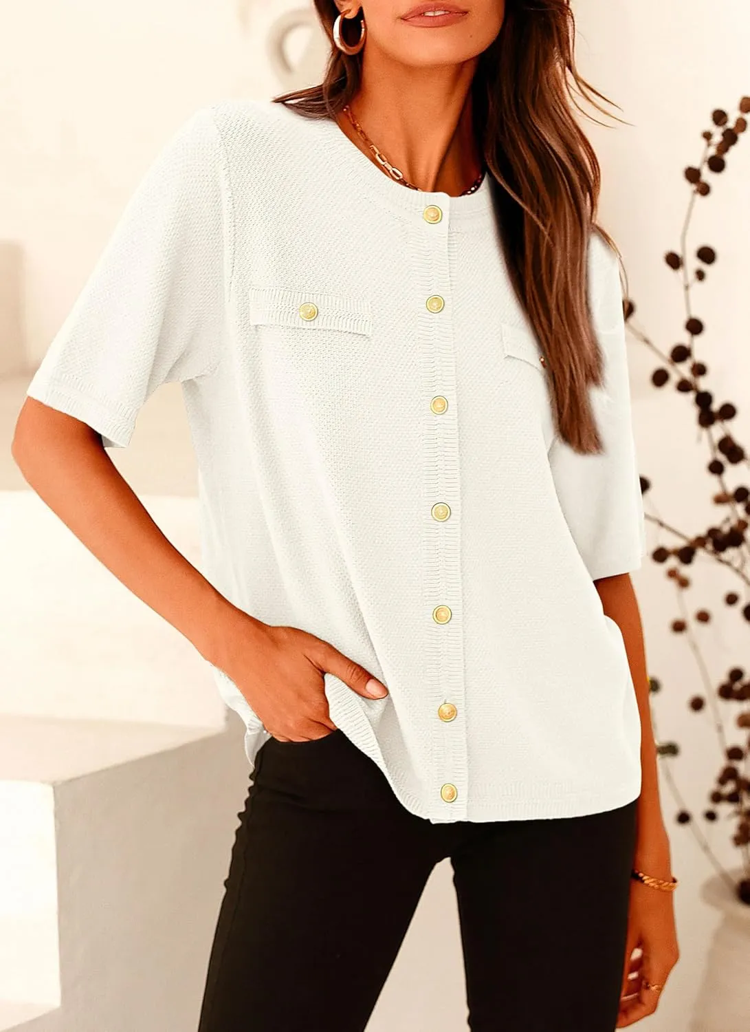PRETTYGARDEN Women's Summer Button Down Shirts Casual Short Sleeve Crew Neck Ribbed Knit Blouse Top Cardigans