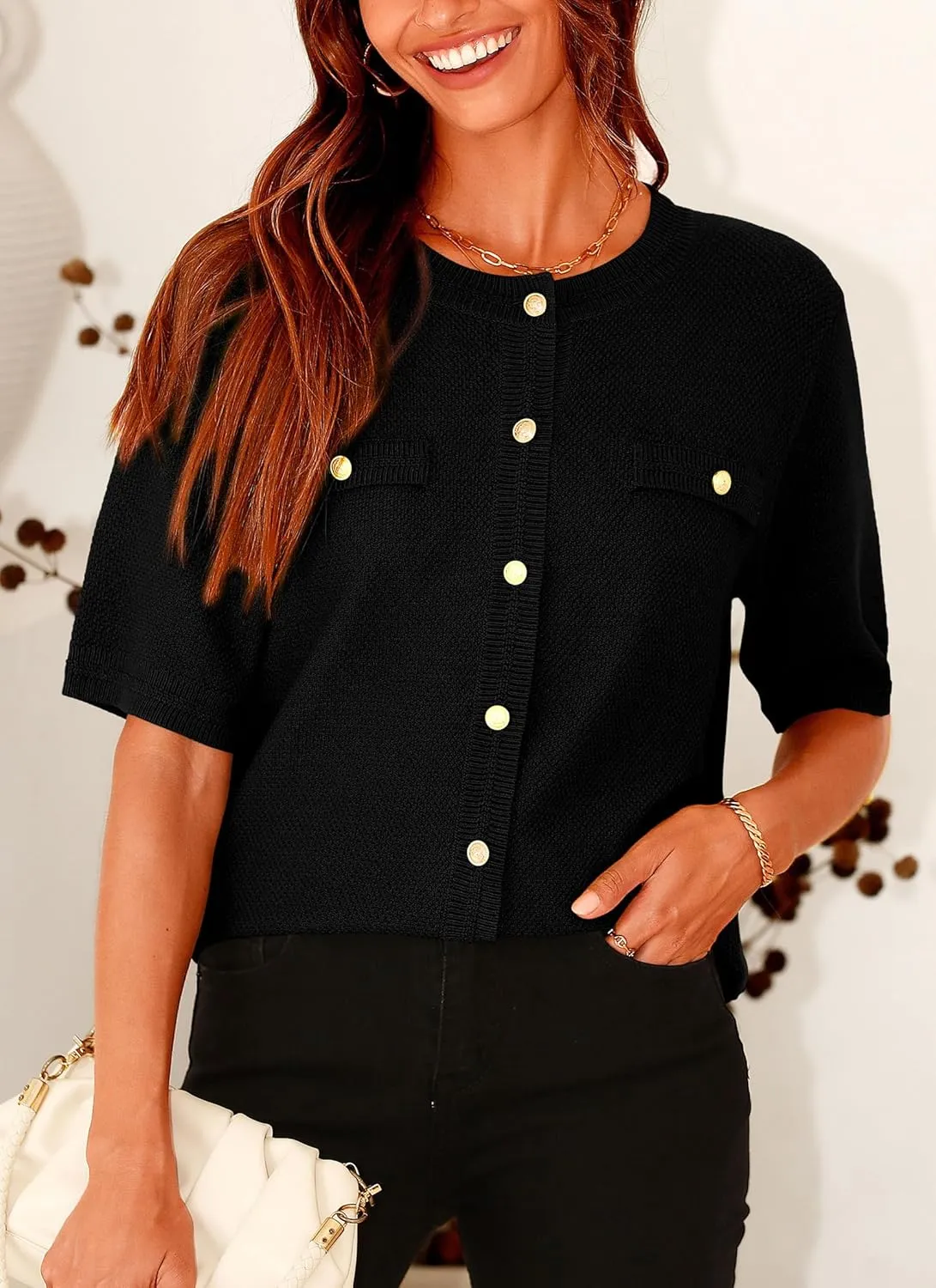 PRETTYGARDEN Women's Summer Button Down Shirts Casual Short Sleeve Crew Neck Ribbed Knit Blouse Top Cardigans