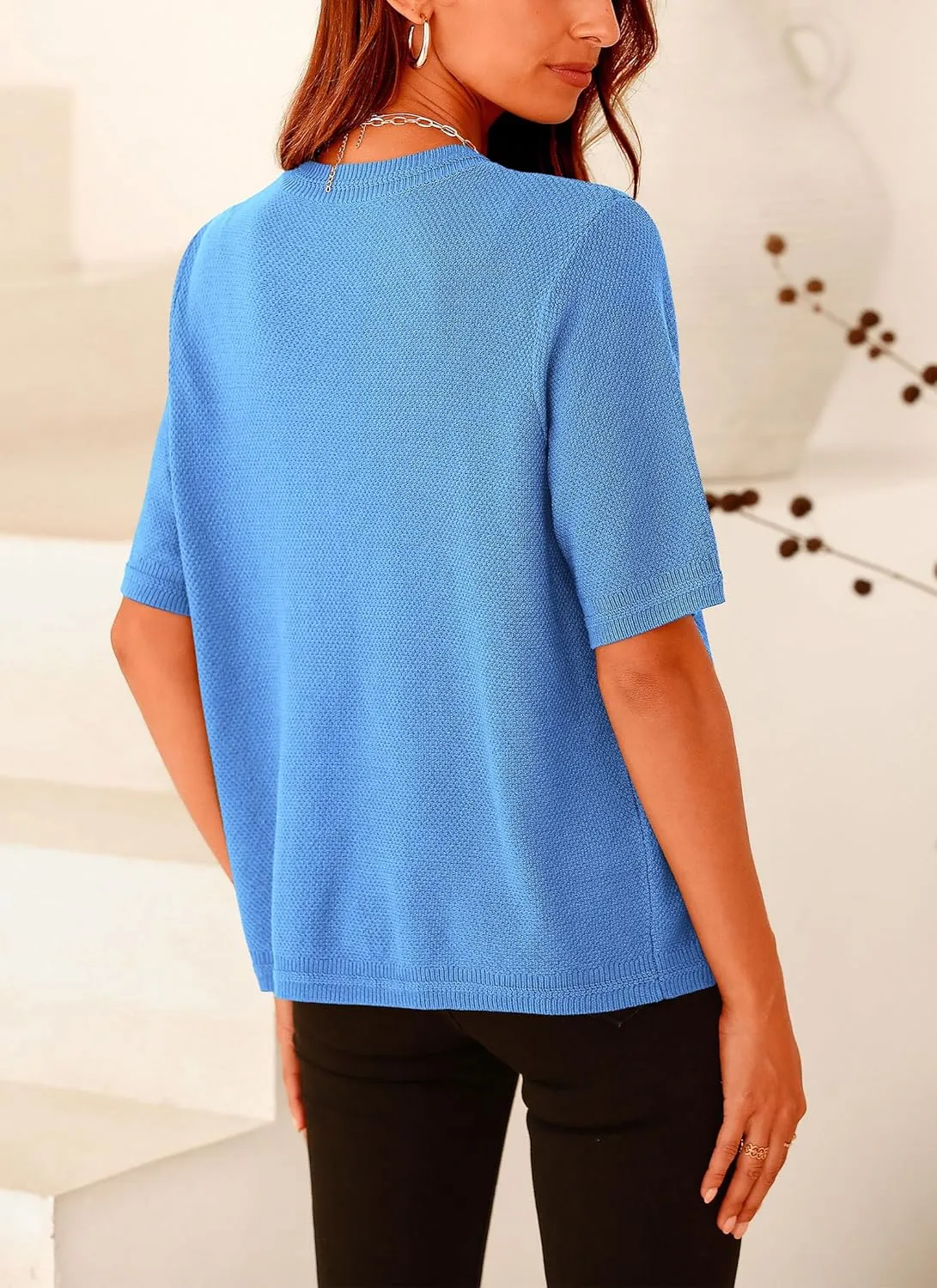 PRETTYGARDEN Women's Summer Button Down Shirts Casual Short Sleeve Crew Neck Ribbed Knit Blouse Top Cardigans