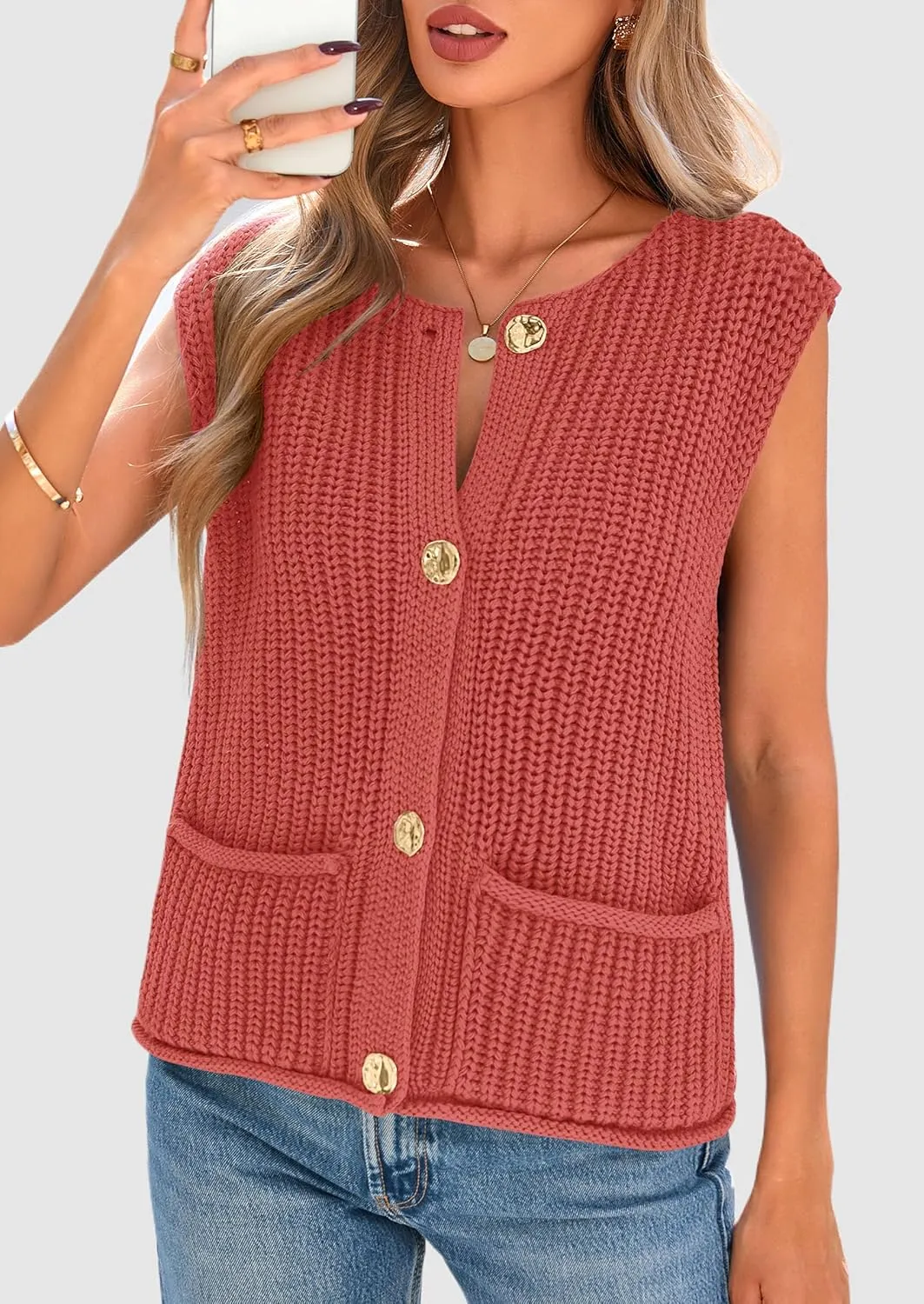 PRETTYGARDEN Women's Summer Sweaters Vest 2025 Sleeveless Button Down Cropped Pockets Chunky Knit Cardigan Trendy Tank Tops