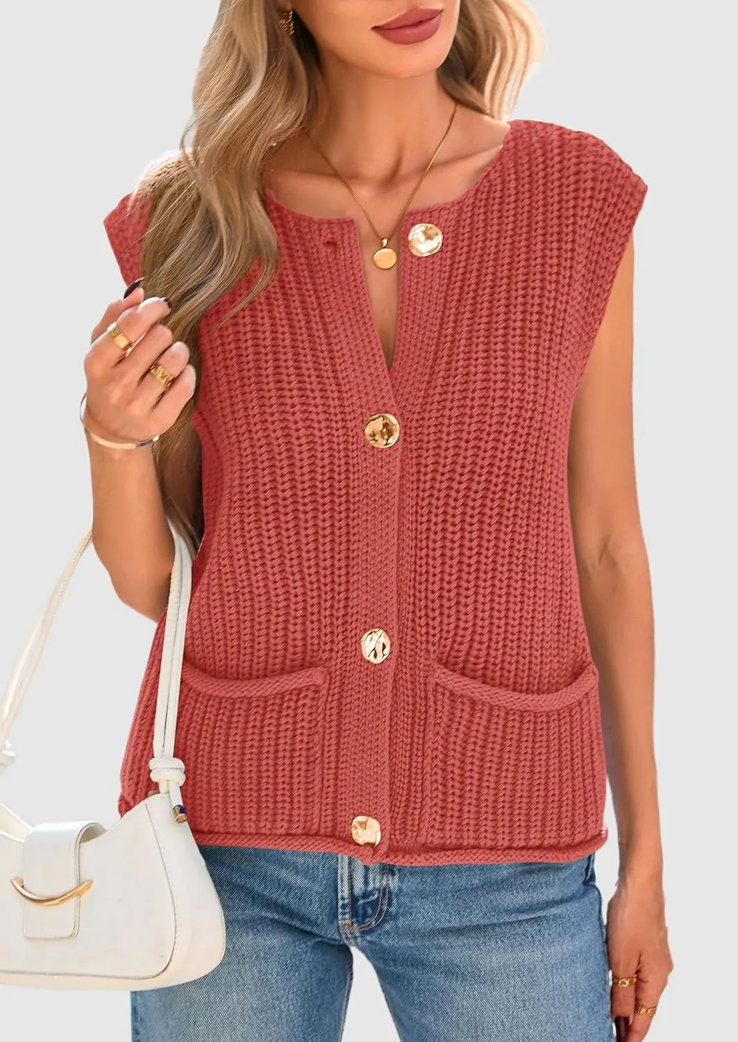 PRETTYGARDEN Women's Summer Sweaters Vest 2025 Sleeveless Button Down Cropped Pockets Chunky Knit Cardigan Trendy Tank Tops