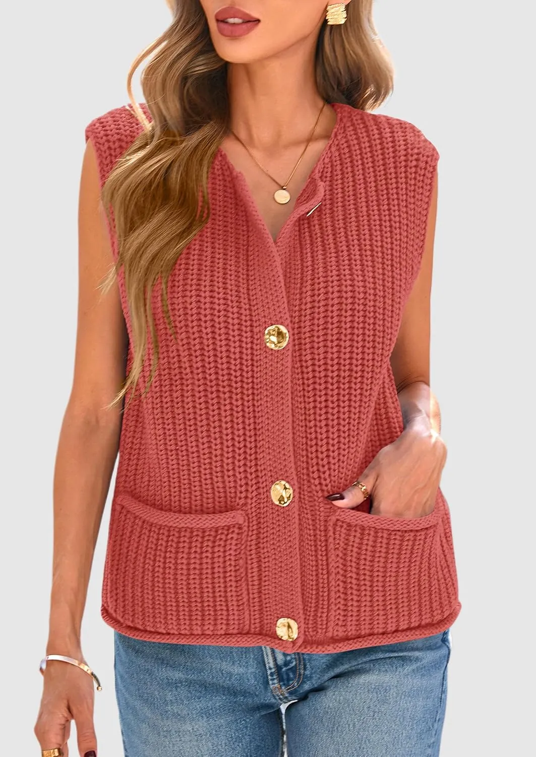 PRETTYGARDEN Women's Summer Sweaters Vest 2025 Sleeveless Button Down Cropped Pockets Chunky Knit Cardigan Trendy Tank Tops