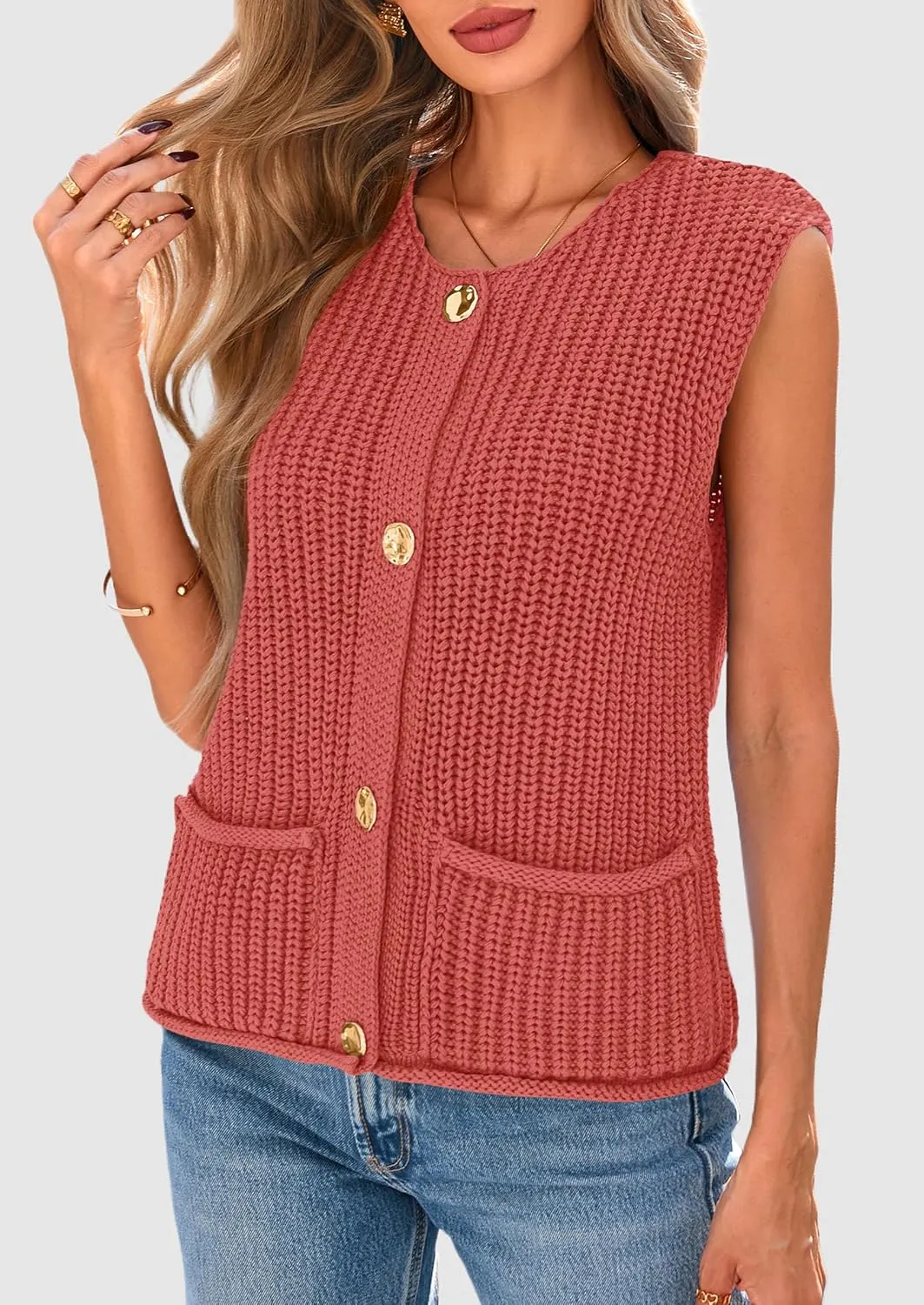 PRETTYGARDEN Women's Summer Sweaters Vest 2025 Sleeveless Button Down Cropped Pockets Chunky Knit Cardigan Trendy Tank Tops