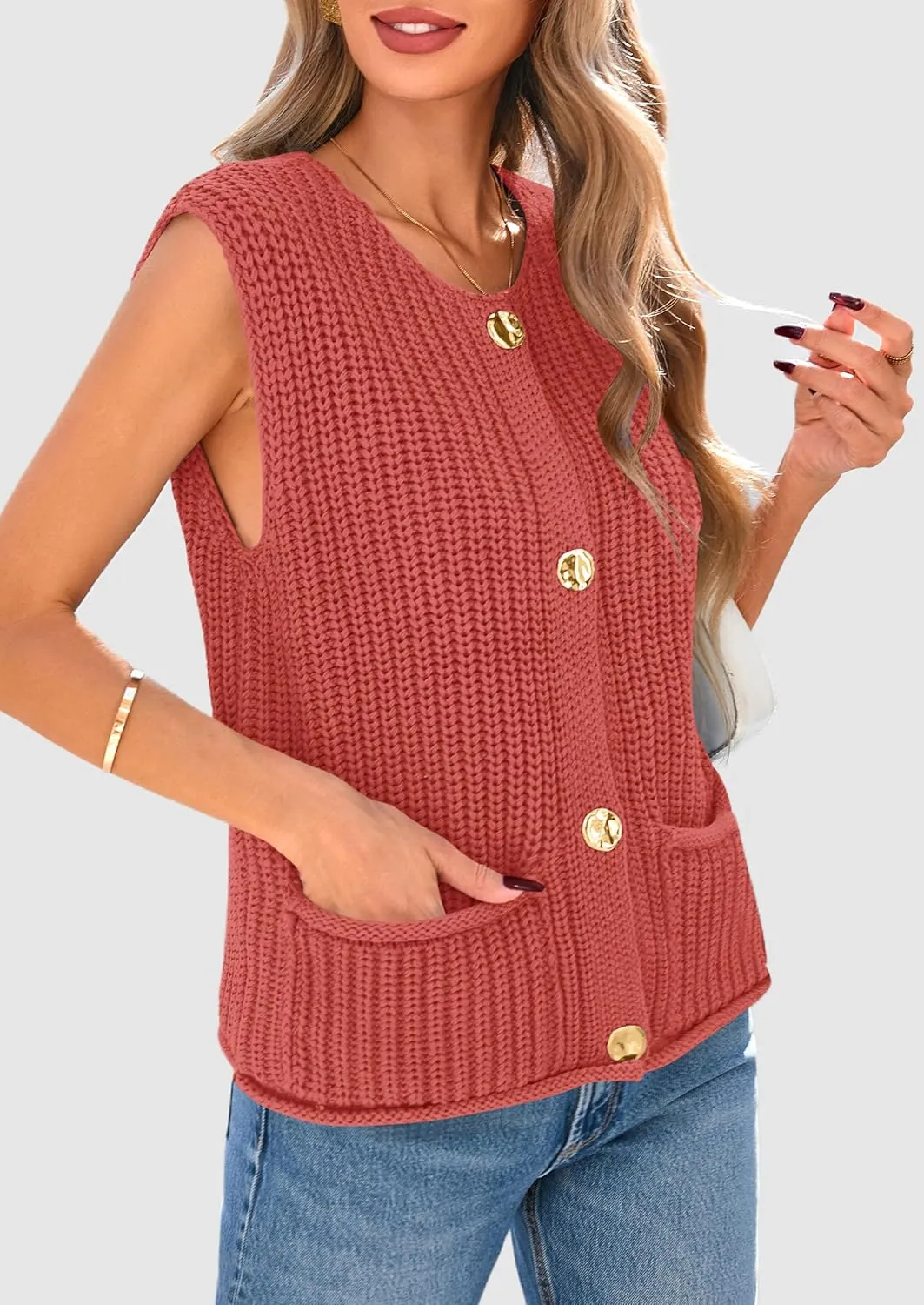 PRETTYGARDEN Women's Summer Sweaters Vest 2025 Sleeveless Button Down Cropped Pockets Chunky Knit Cardigan Trendy Tank Tops