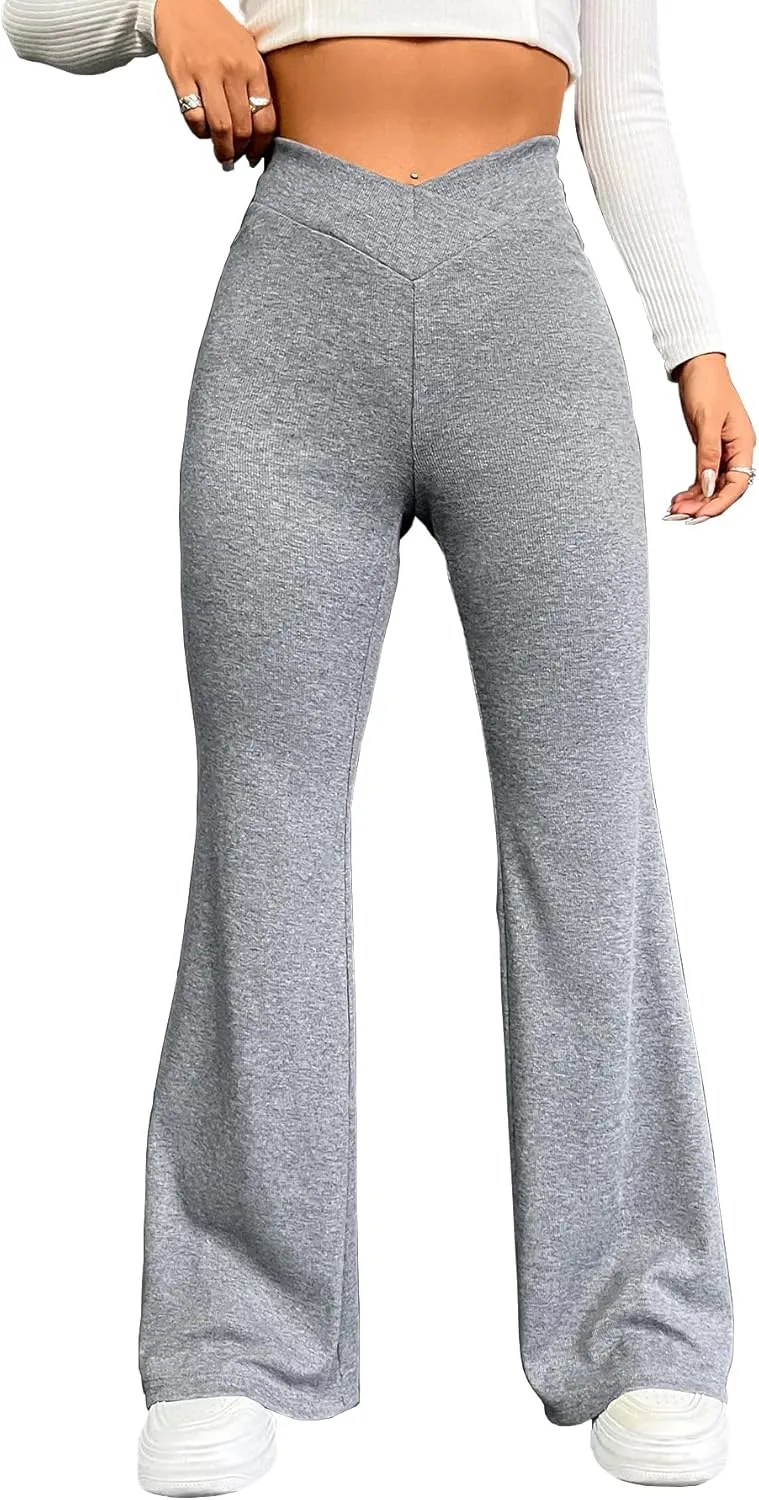 QCIV Women's Yoga Pants High Waisted Flare Leggings V Crossover Bell Bottoms Bootcut Sweatpants Stretch Trousers