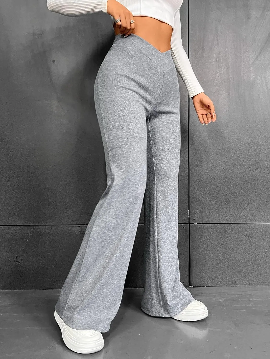 QCIV Women's Yoga Pants High Waisted Flare Leggings V Crossover Bell Bottoms Bootcut Sweatpants Stretch Trousers