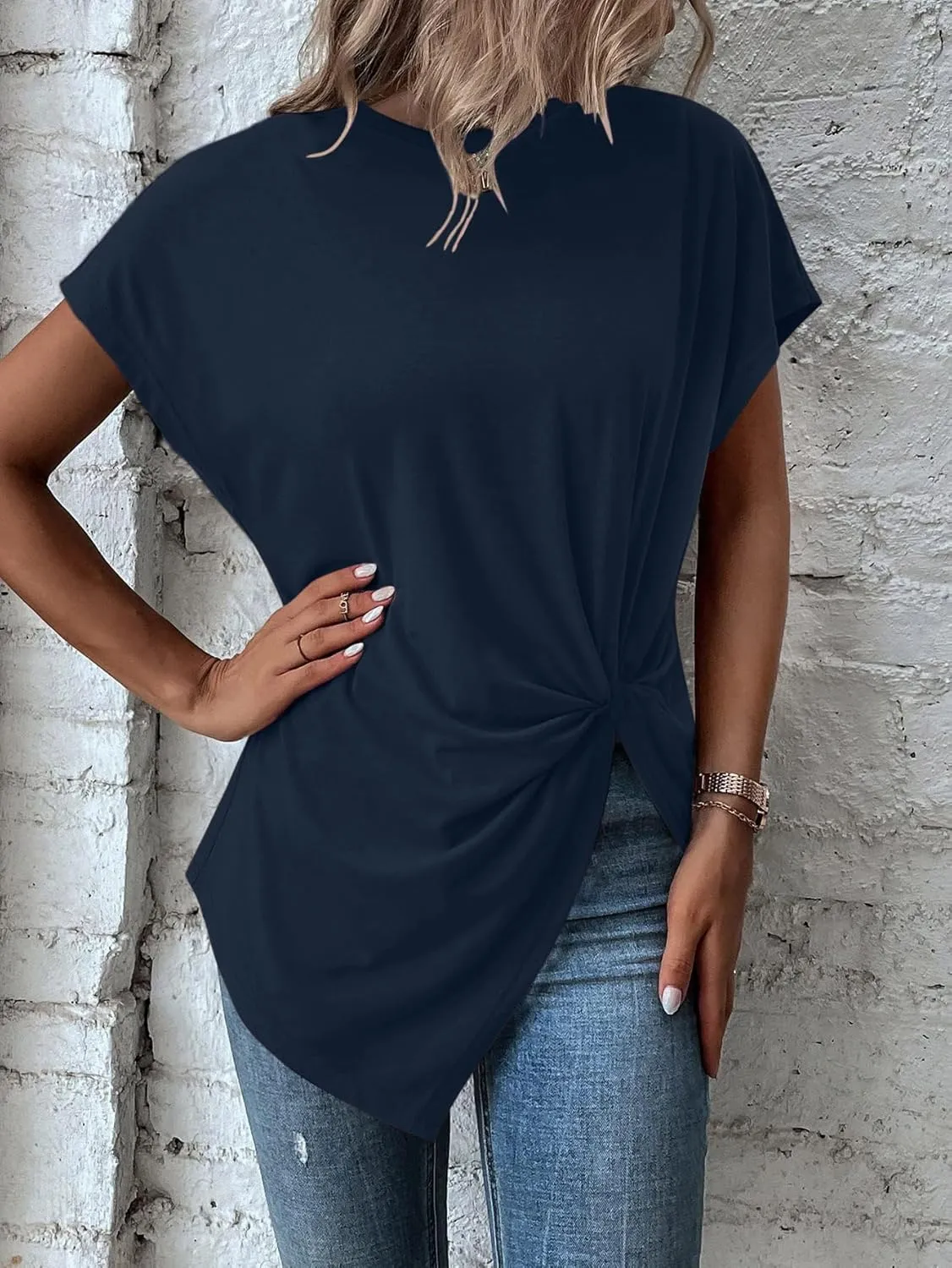 Remidoo Women's Asymmetrical Hem Round Neck Short Sleeve Twist Knot T Shirt Top