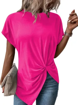 Remidoo Women's Asymmetrical Hem Round Neck Short Sleeve Twist Knot T Shirt Top