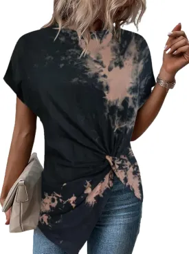 Remidoo Women's Asymmetrical Hem Round Neck Short Sleeve Twist Knot T Shirt Top