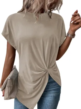 Remidoo Women's Asymmetrical Hem Round Neck Short Sleeve Twist Knot T Shirt Top