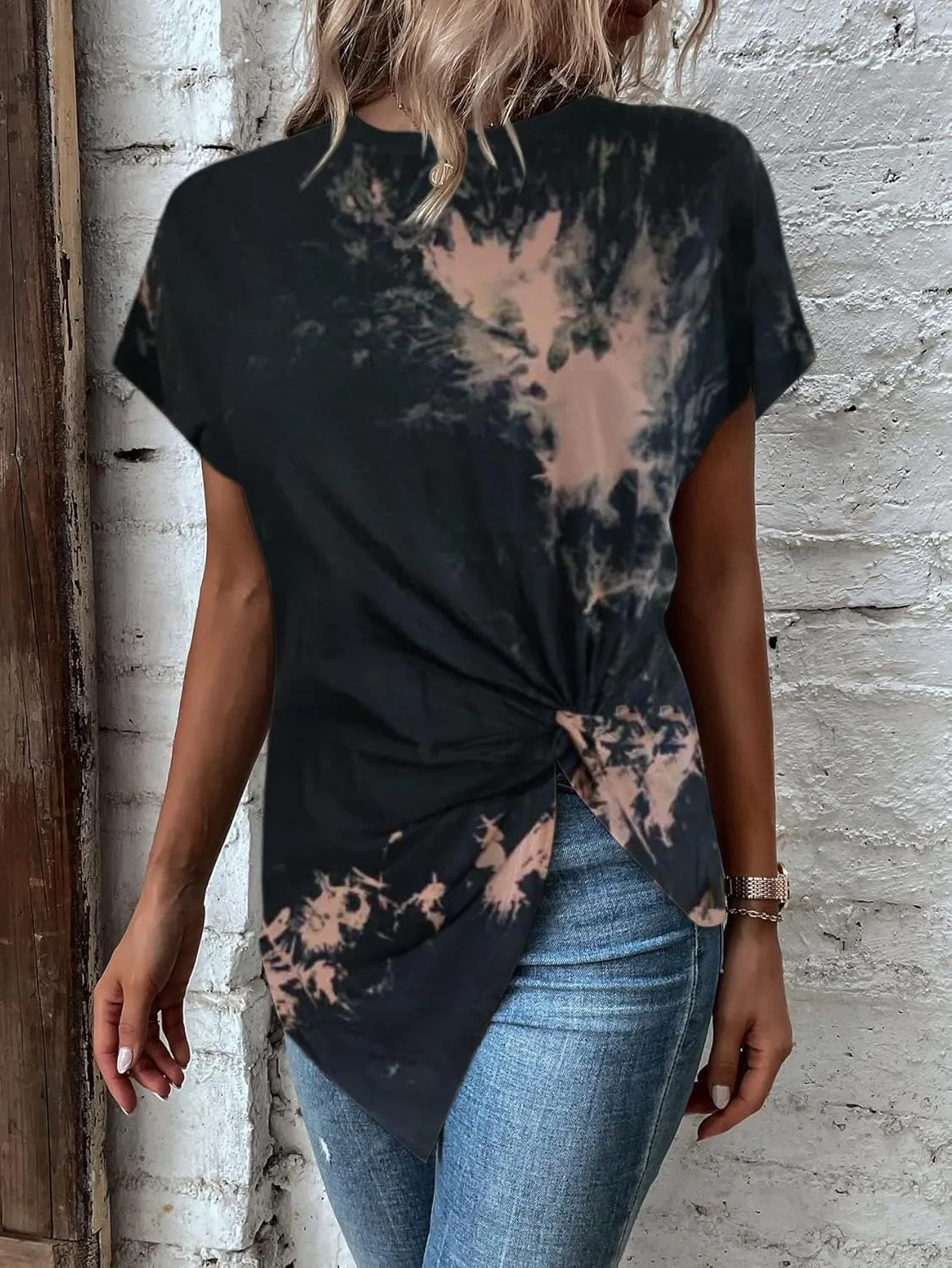 Remidoo Women's Asymmetrical Hem Round Neck Short Sleeve Twist Knot T Shirt Top