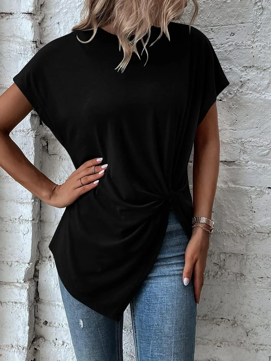 Remidoo Women's Asymmetrical Hem Round Neck Short Sleeve Twist Knot T Shirt Top