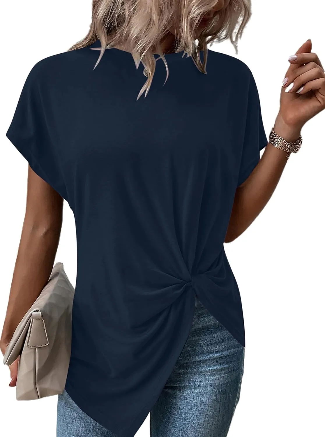 Remidoo Women's Asymmetrical Hem Round Neck Short Sleeve Twist Knot T Shirt Top