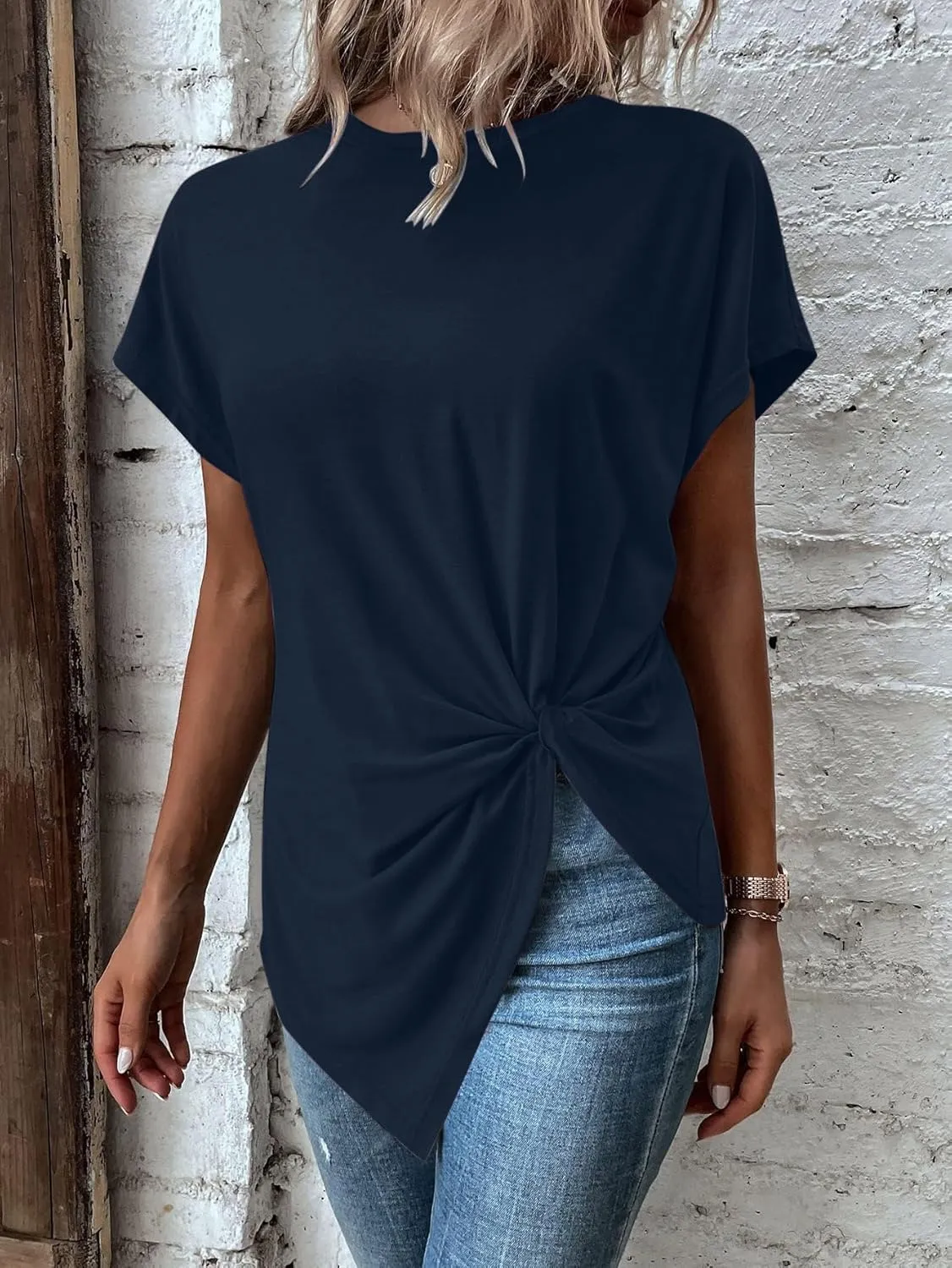 Remidoo Women's Asymmetrical Hem Round Neck Short Sleeve Twist Knot T Shirt Top