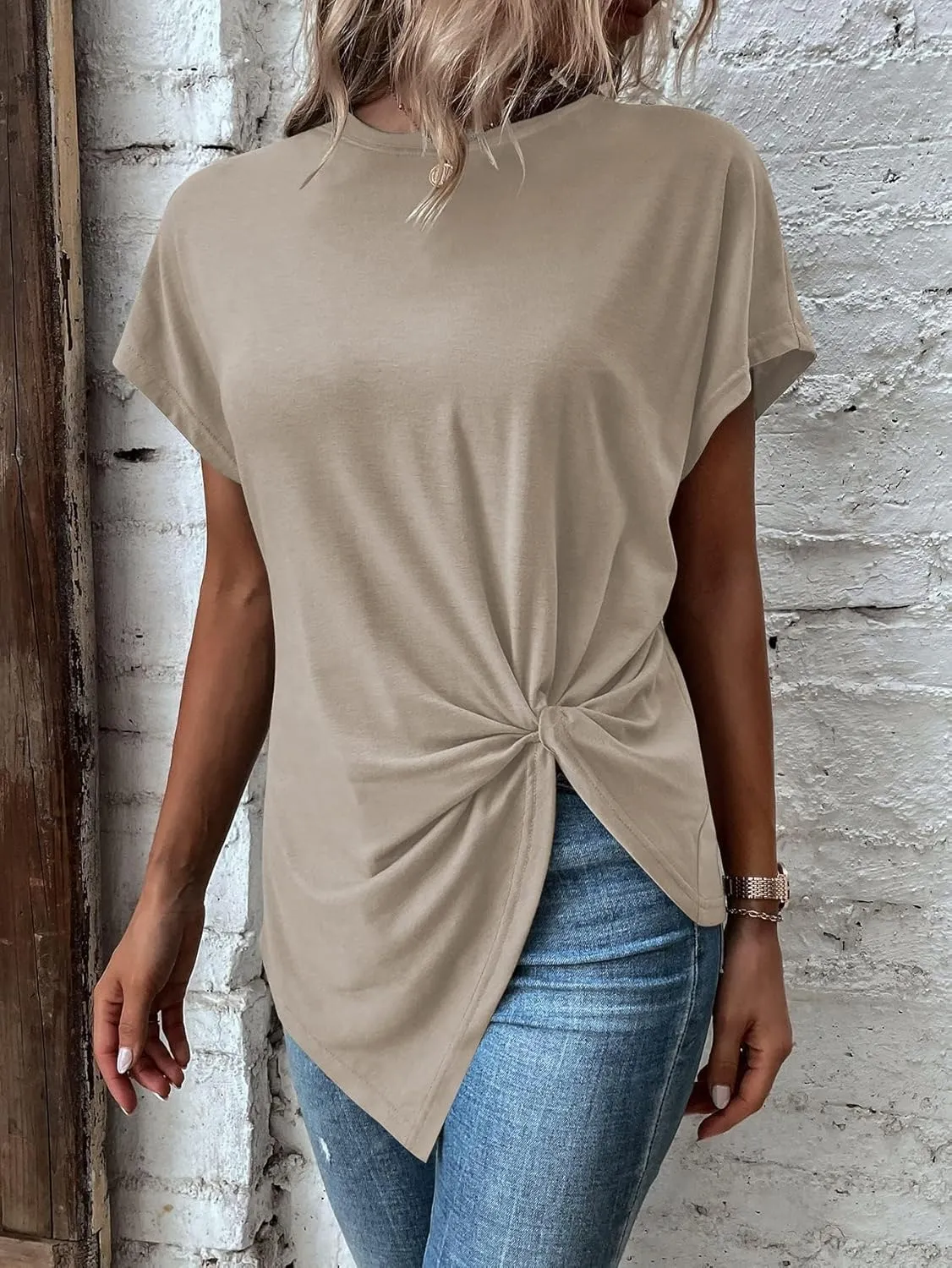 Remidoo Women's Asymmetrical Hem Round Neck Short Sleeve Twist Knot T Shirt Top