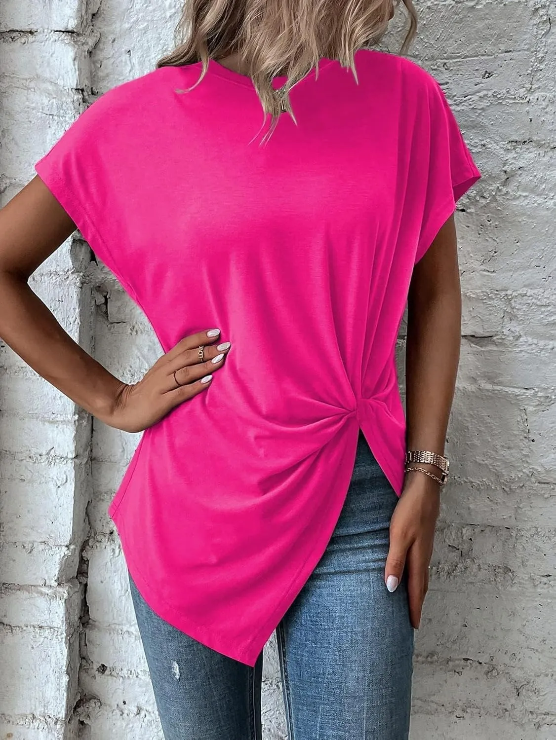 Remidoo Women's Asymmetrical Hem Round Neck Short Sleeve Twist Knot T Shirt Top