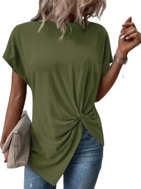 Remidoo Women's Asymmetrical Hem Round Neck Short Sleeve Twist Knot T Shirt Top