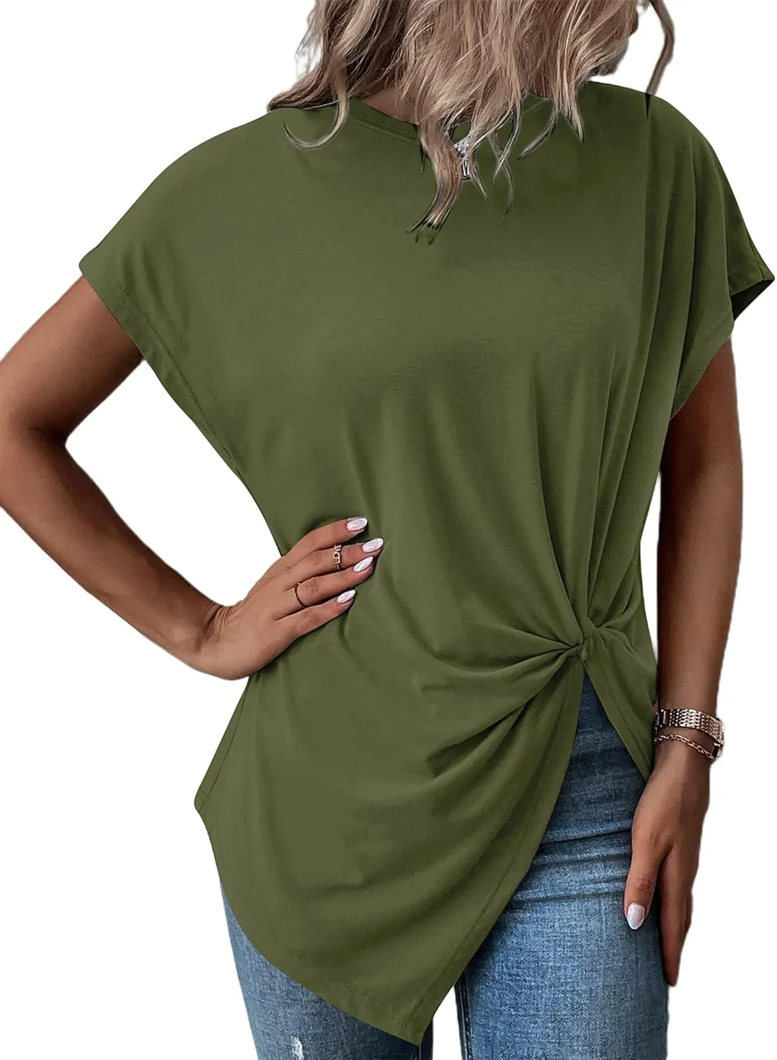 Remidoo Women's Asymmetrical Hem Round Neck Short Sleeve Twist Knot T Shirt Top