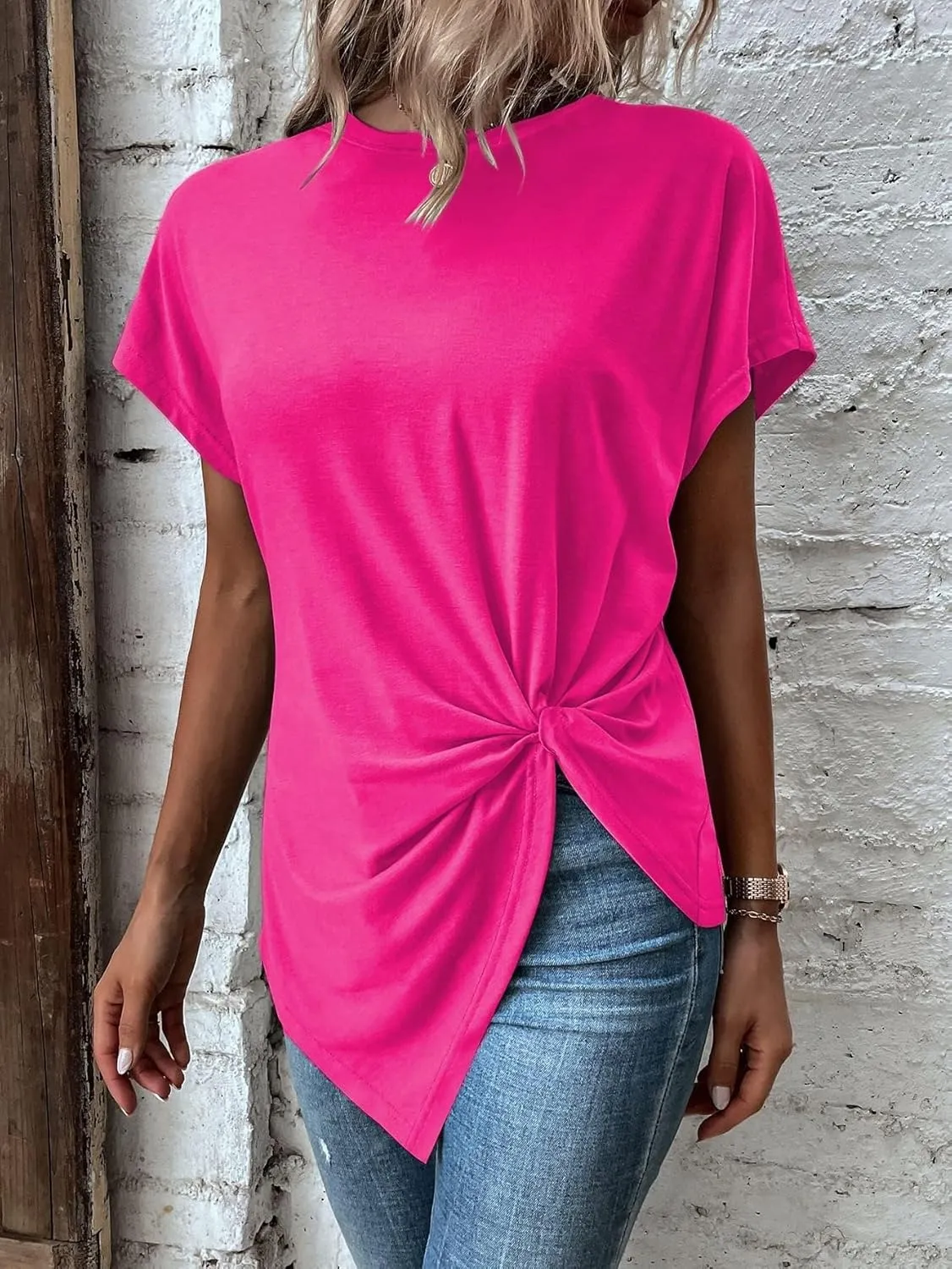 Remidoo Women's Asymmetrical Hem Round Neck Short Sleeve Twist Knot T Shirt Top