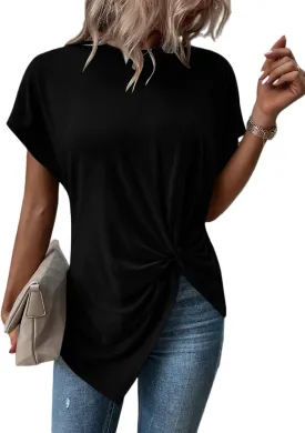 Remidoo Women's Asymmetrical Hem Round Neck Short Sleeve Twist Knot T Shirt Top
