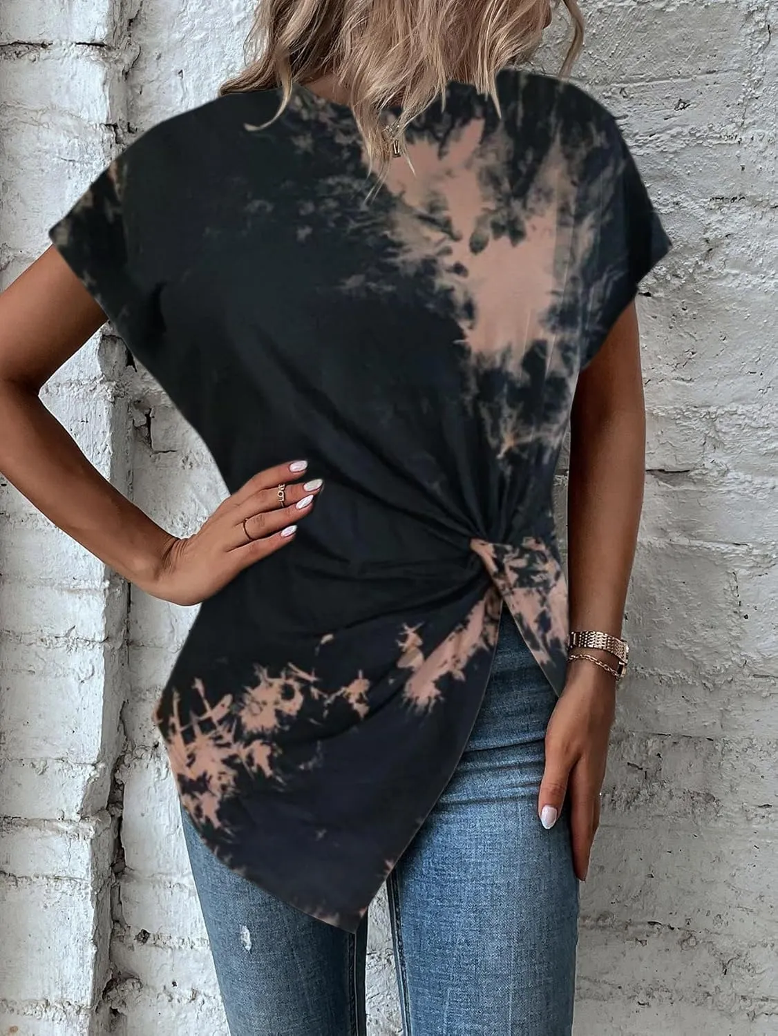 Remidoo Women's Asymmetrical Hem Round Neck Short Sleeve Twist Knot T Shirt Top