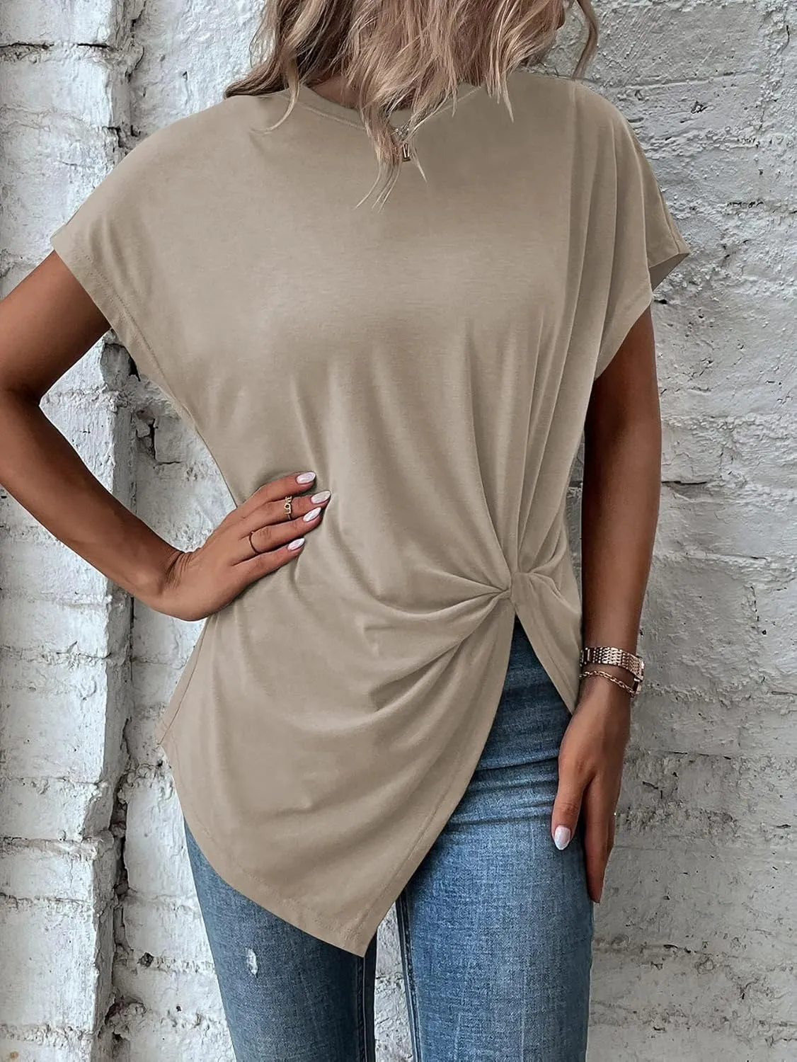 Remidoo Women's Asymmetrical Hem Round Neck Short Sleeve Twist Knot T Shirt Top