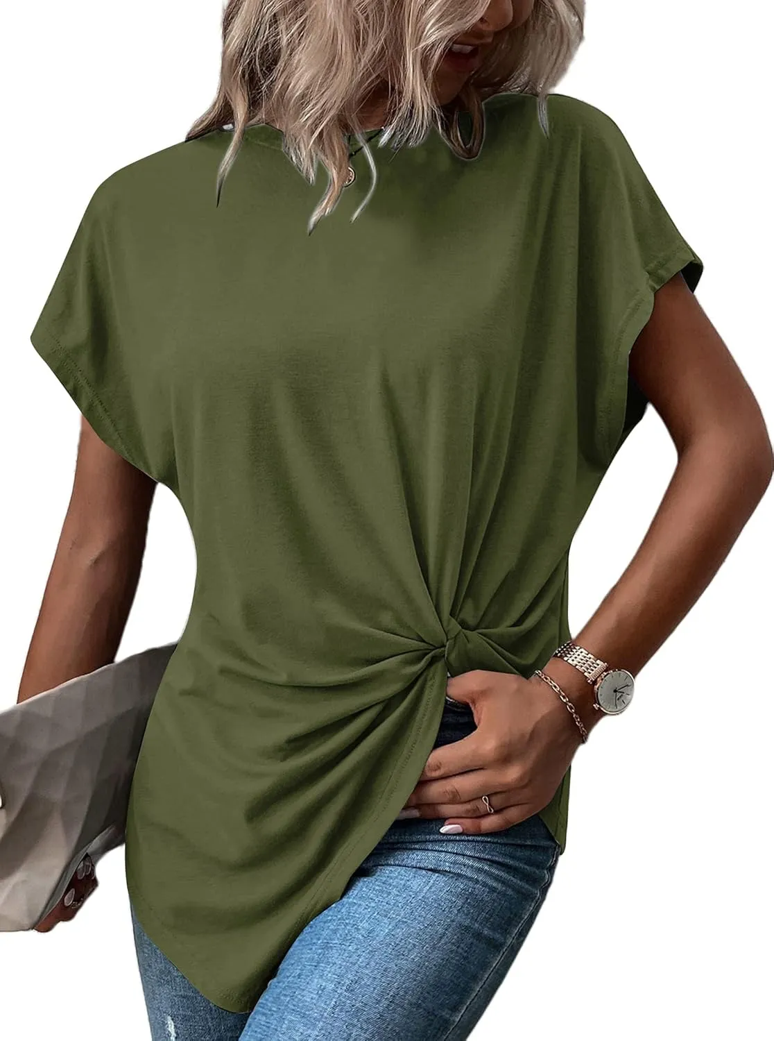Remidoo Women's Asymmetrical Hem Round Neck Short Sleeve Twist Knot T Shirt Top